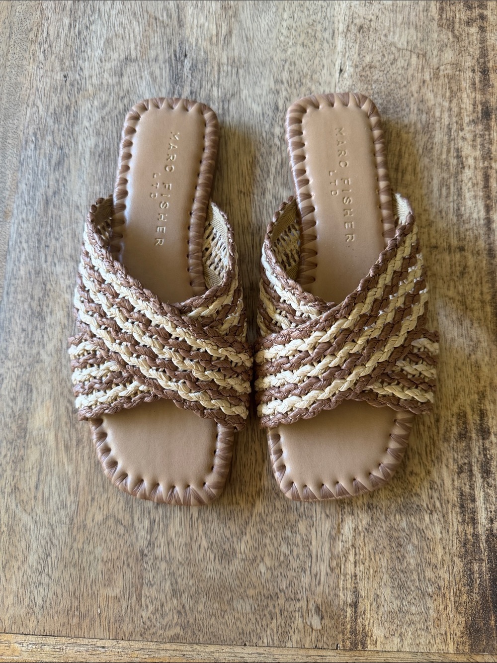 Marc Fisher Two-Tone Braided Slide Sandals in Brown and Cream